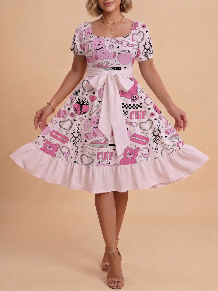 Damen Midikleid mit verspieltem Druck und tailliertem Schnitt Echo Archiv