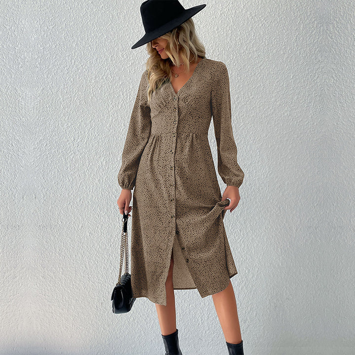Damen V‑Ausschnitt Midikleid mit Knopfleiste, taillierter Schnitt und Ballonärmeln Echoarchiv