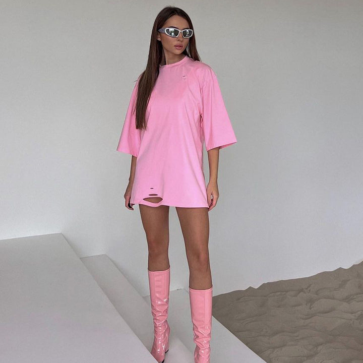 Damen oversized Longshirt mit Statement-Print, dreiviertelärmeln und lockerer Tunika-Silhouette – Avérine