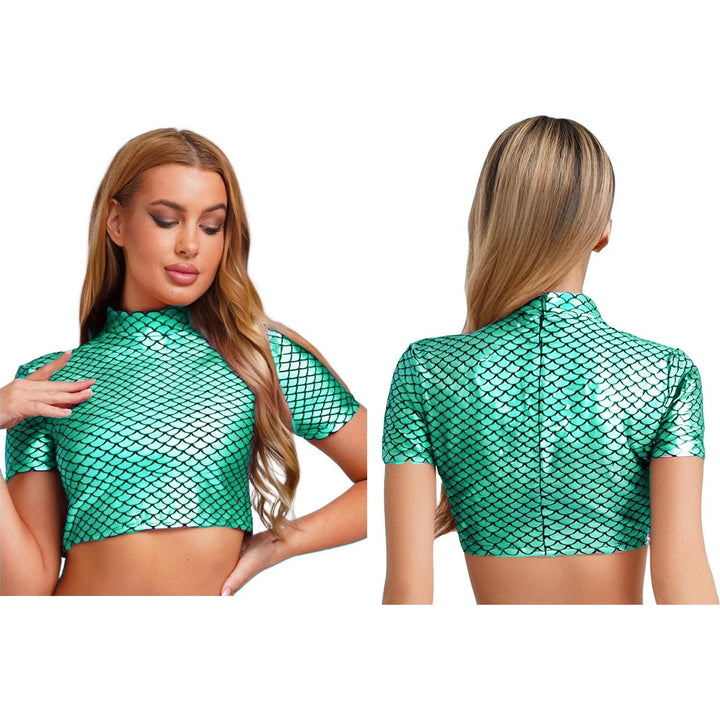 Damen Glitzerndes Cropped Shirt mit schimmerndem Fischschuppen-Muster Echo Archiv