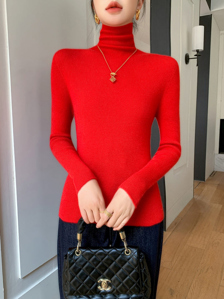 Damen Schlanker Feinstrickpullover mit hohem Rollkragen und feiner Rippstruktur Echoarchiv