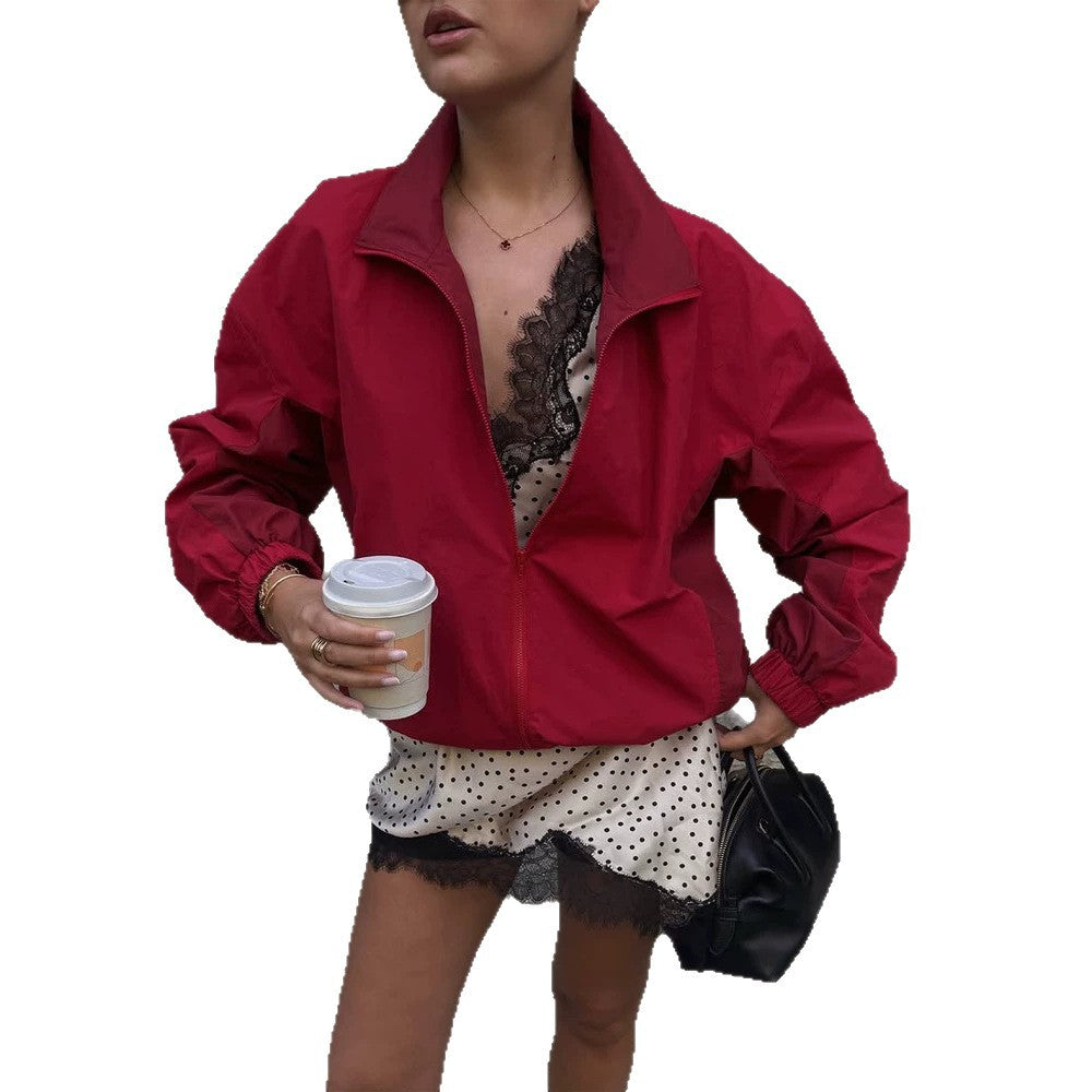Damen Leichter Boxy-Windbreaker mit Stehkragen und elastischem Saum Echoarchiv