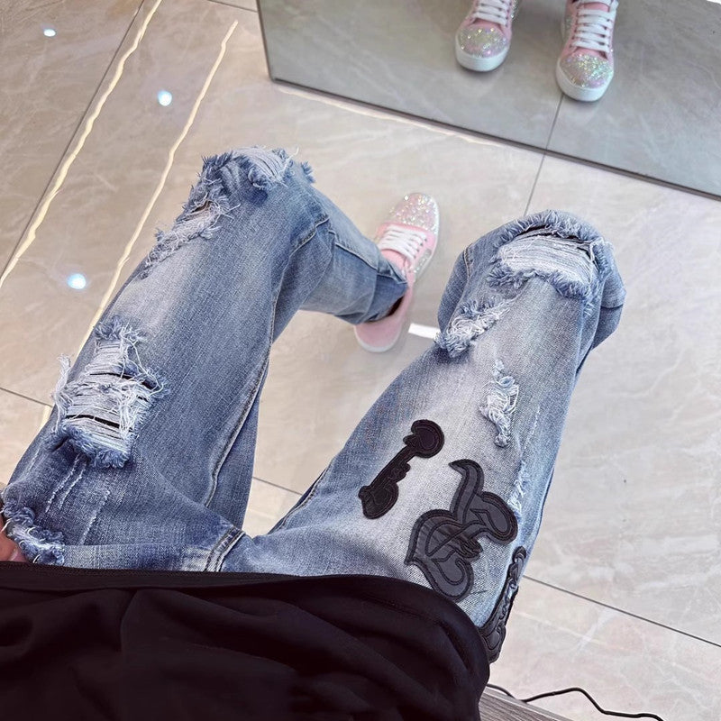 Herren Modische Ripped Denim Jeans mit kreativem Schnitt Echoarchiv