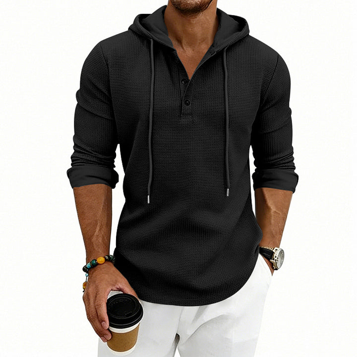 Herren Waffelstrick-Henley-Hoodie mit Knopfleiste und Kapuze – Cavarno