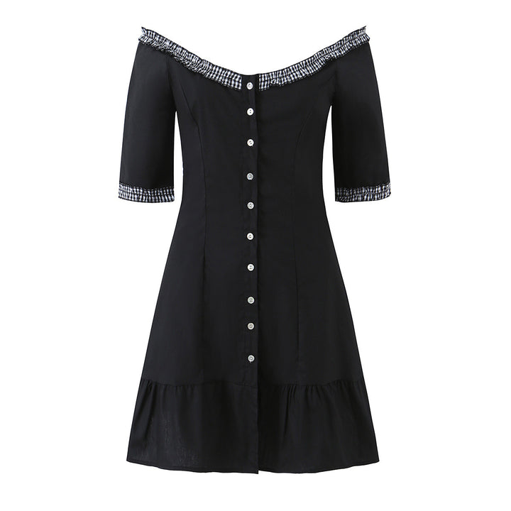 Damen Off-Shoulder Carmenkleid mit Knopfleiste, taillierter A‑Linie und kariertem Rüschenbesatz Echo Archiv