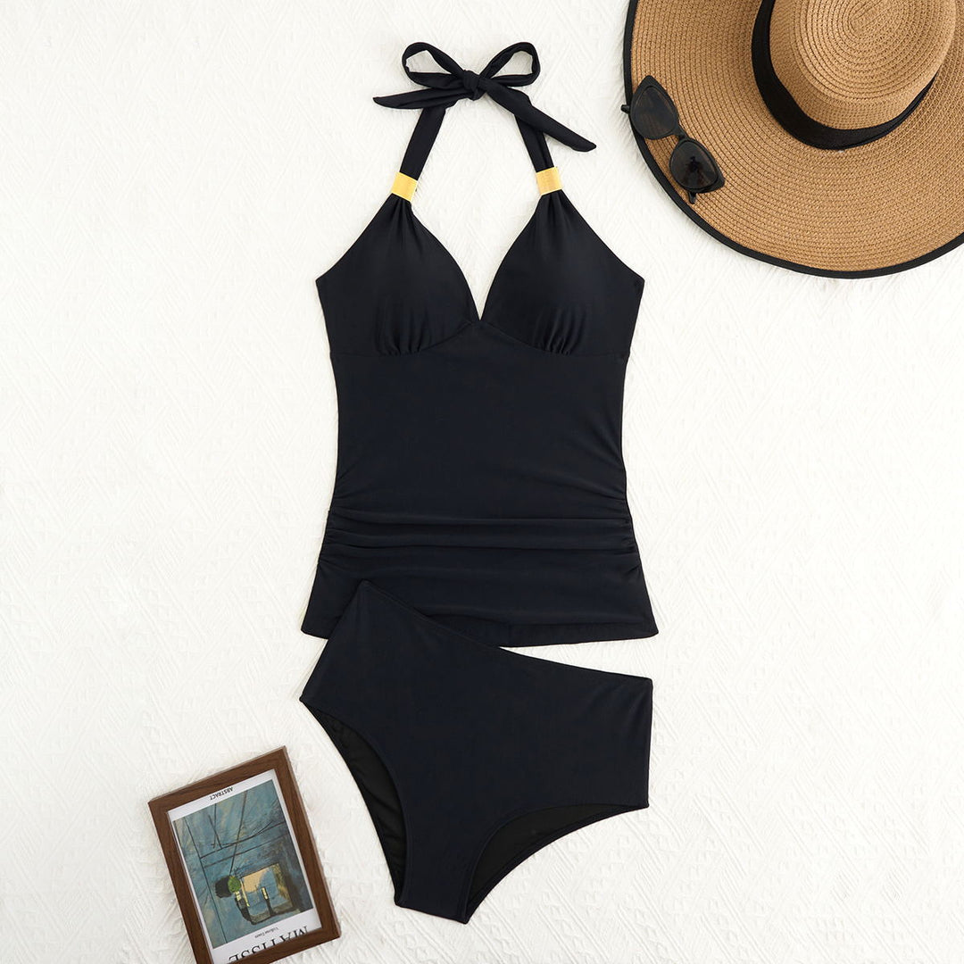 Damen eleganter Badeanzug mit raffiniertem V-Ausschnitt und goldenen Details Echo Archiv