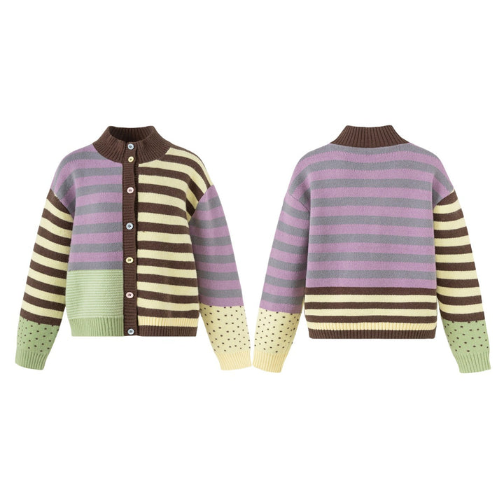 Damen Strickjacke im Patchwork-Streifenmix mit Stehkragen und Knopfleiste Echoarchiv