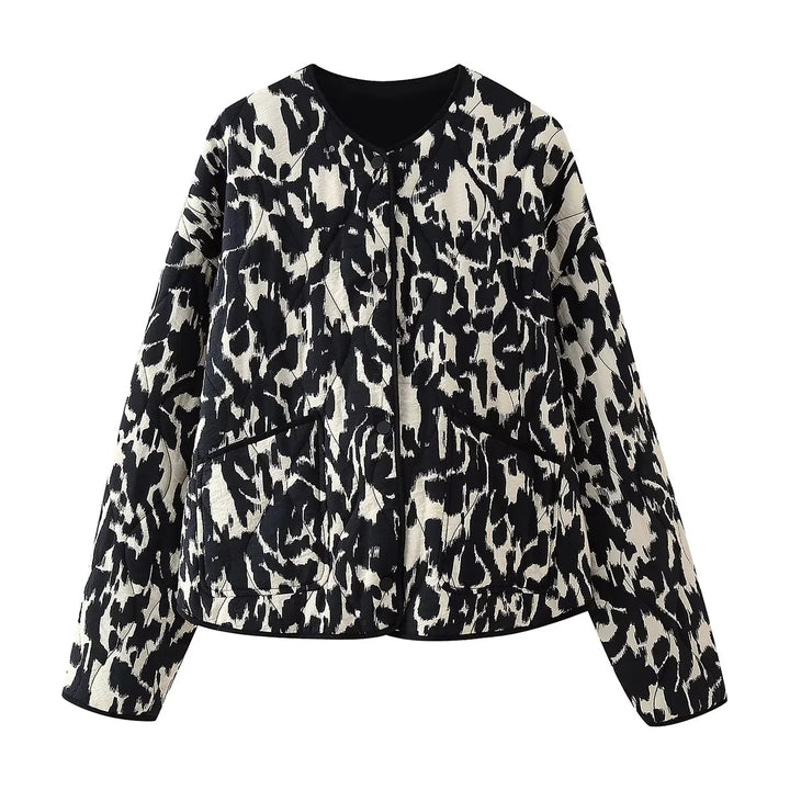 Damen gesteppte Ikat-Print Steppjacke mit Rundhalsausschnitt, kontrastpaspel und aufgesetzten Taschen – Célinea