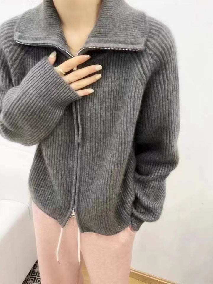 Damen Oversize-Strickjacke mit Reißverschluss, Stehkragen und gerippter Struktur Echoarchiv