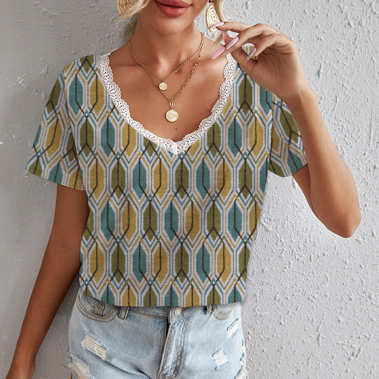 Damen Viskose T-Shirt mit Spitze und Pfeilmuster Echo Archiv
