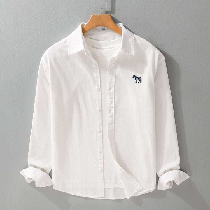 Herren Baumwoll-Oxford Hemdjacke im Layering‑Stil mit dezenter Zebrastickerei und Kentkragen Echoarchiv