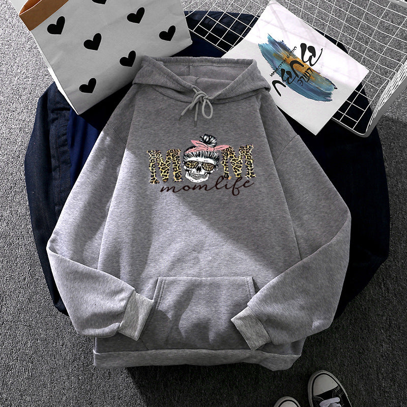 Damen Kapuzenpullover mit "Momlife" Skull-Print, Kängurutasche, weichem Fleece-Innenfutter und lockerer Oversize-Passform – Auréline