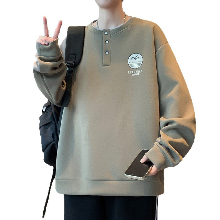 Herren lässiger Langarmpullover mit Knopf und gesticktem Motiv Echoarchiv
