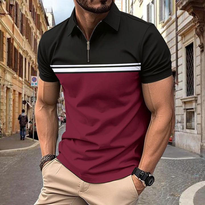 Herren Polo-Shirt mit farblich abgesetzten Streifen und kurzem Reißverschluss Echoarchiv