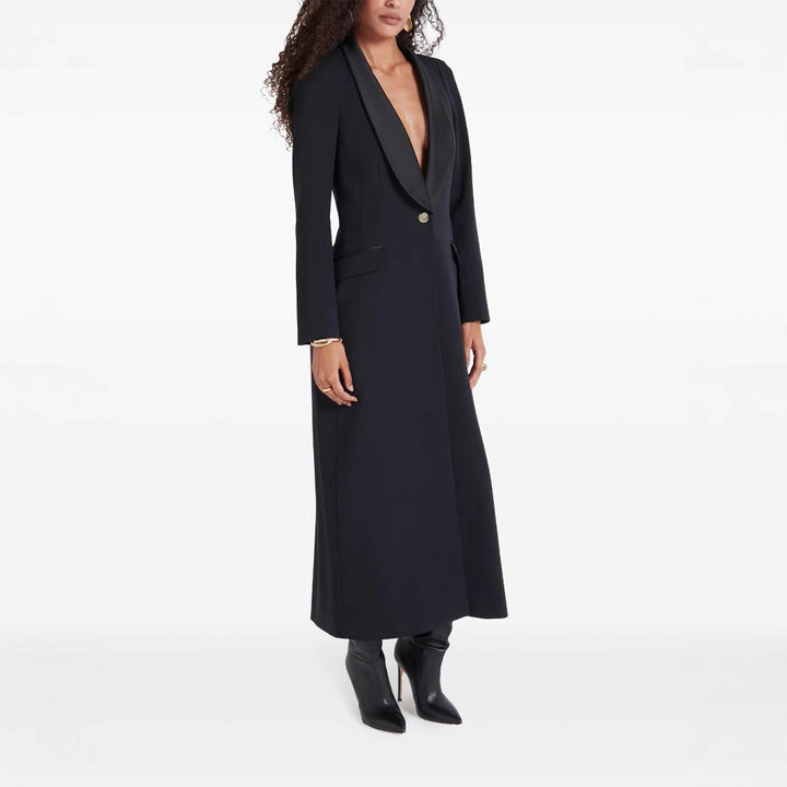 Damen Maxikleid im Smoking‑Blazer‑Stil mit Schalkragen und Ein‑Knopf‑Verschluss Echoarchiv
