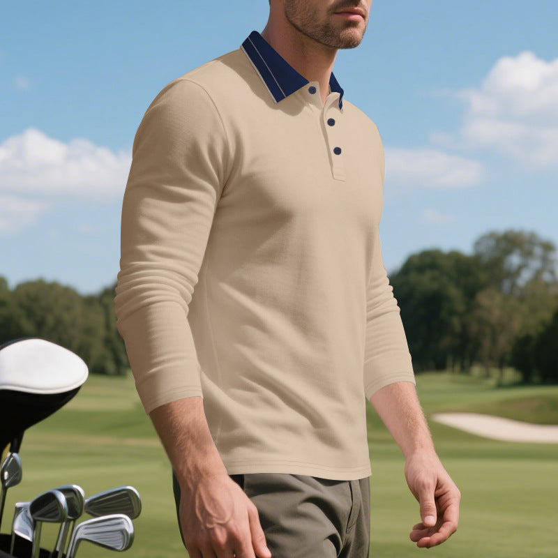 Herren elegantes Langarm-Polohemd mit kontrastierendem Kragen und modischen Knopfdetails Echoarchiv