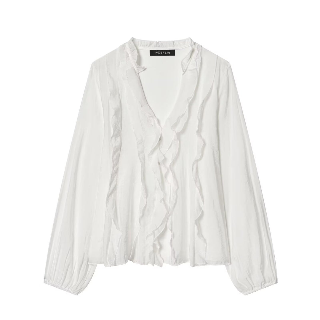 Damen Transparente Crinkle-Bluse mit Volantkragen, Rüschenfront und Ballonärmeln Echo Archiv