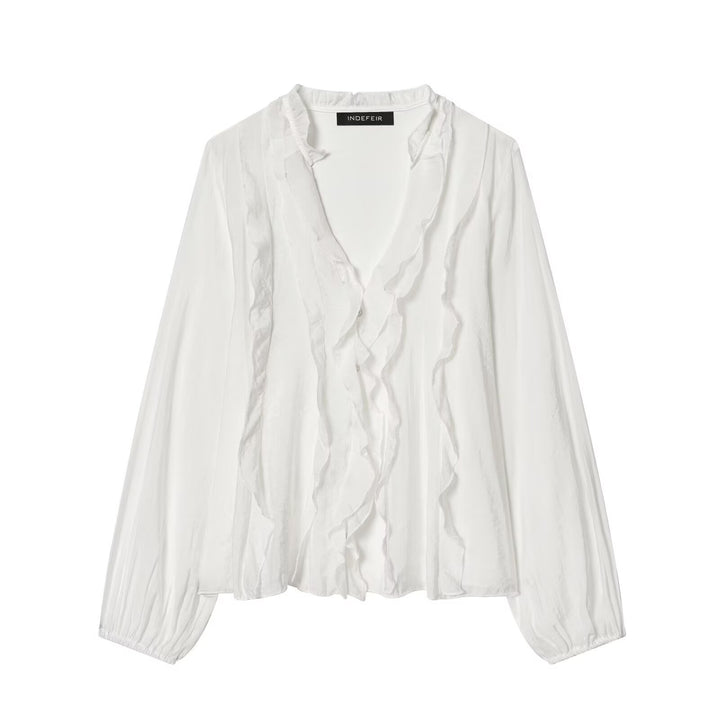 Damen Transparente Crinkle-Bluse mit Volantkragen, Rüschenfront und Ballonärmeln Echo Archiv
