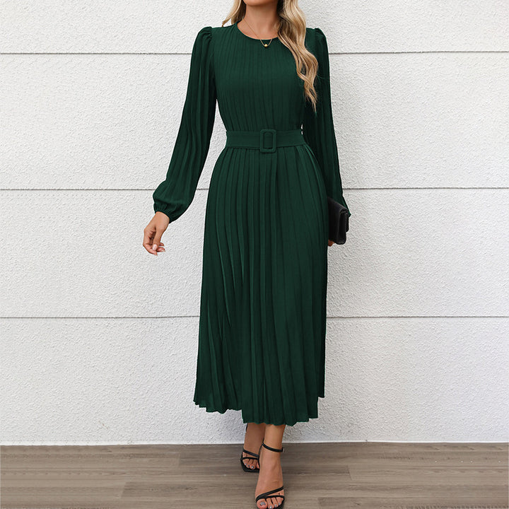 Damen Plissiertes Midikleid mit Taillengürtel, Puffärmeln und Rundhalsausschnitt – Élara