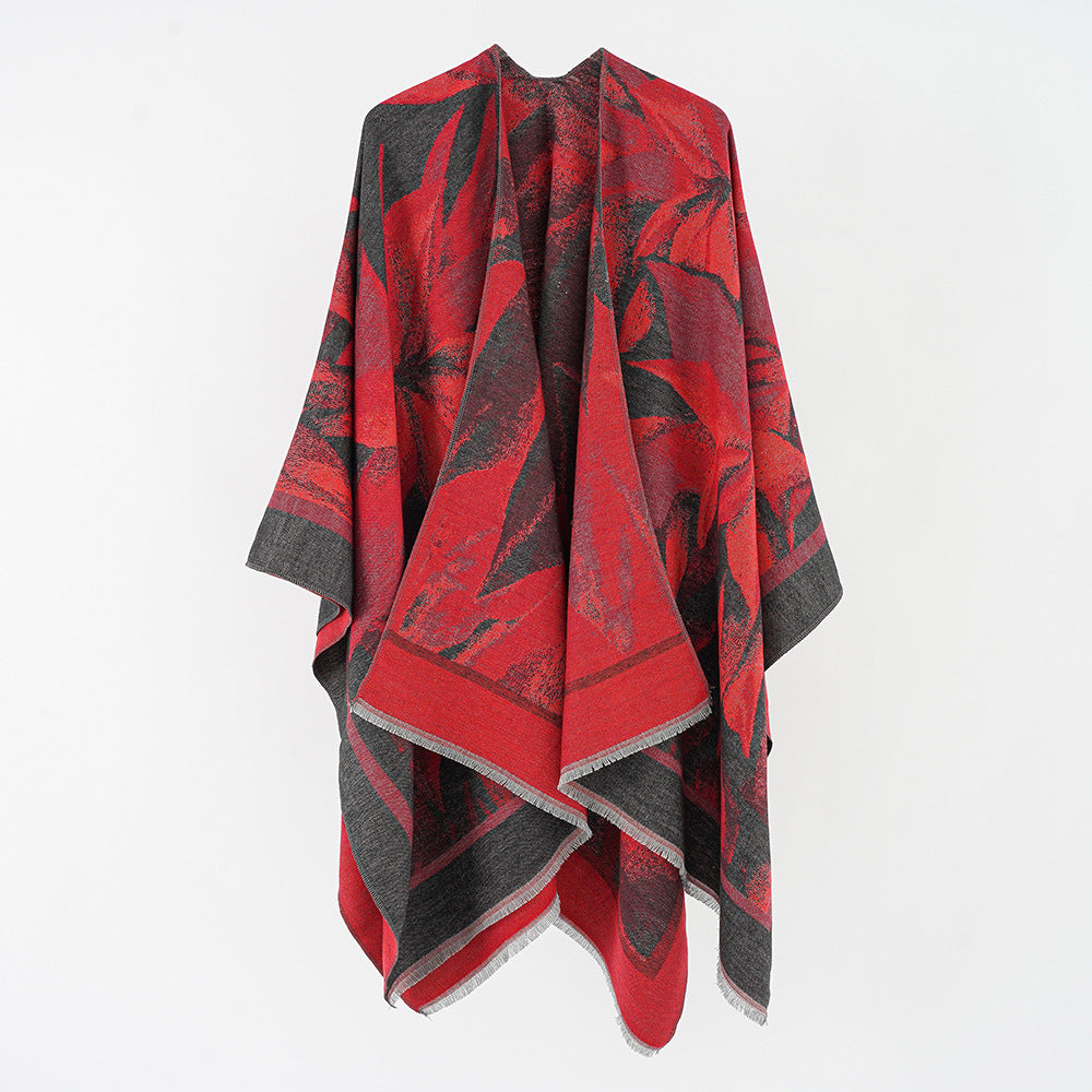 Damen Jacquard-Überwurfponcho mit floral-abstrakter Webstruktur und weichfallendem Oversize-Cape Echo Archiv