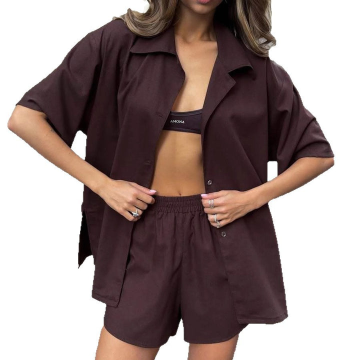Damen kurzärmeliges Hemd- und Relax-Shorts-Set aus strukturiertem Leinenmix mit elastischem Bund – Élanora