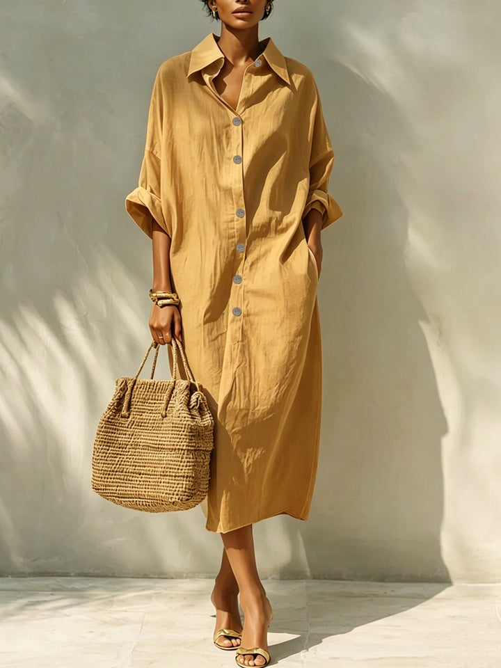 Damen Langes Oversize-Hemdblusenkleid mit Kentkragen und durchgehender Knopfleiste – Valéora