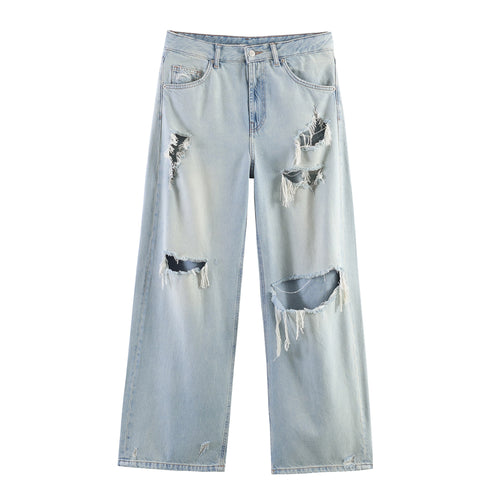 Damen weite Destroyed-Jeans mit hoher Bundführung, ausgefransten Cut‑outs und weitem Bein – Dénora