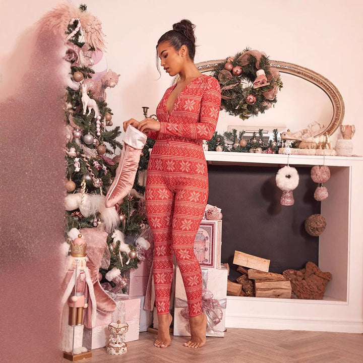 Damen Gemütlicher Jumpsuit mit Weihnachtsmotiv und langer Arm Echoarchiv
