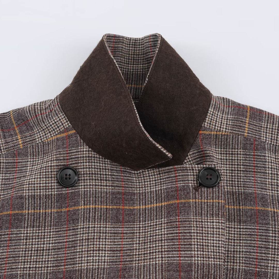 Damen Kurze Doppelreihige Taillierte Karo-Jacke mit Stehkragen und Taillenriegeln Echoarchiv