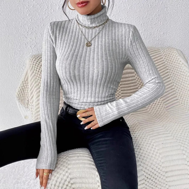 Damen Figurbetonter Rippstrick-Rollkragenpullover mit langen Ärmeln Echoarchiv