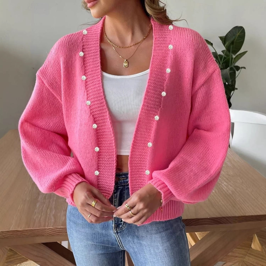 Damen nan Strickcardigan mit Perlenknöpfen und Balloon-Ärmeln Echo Archiv