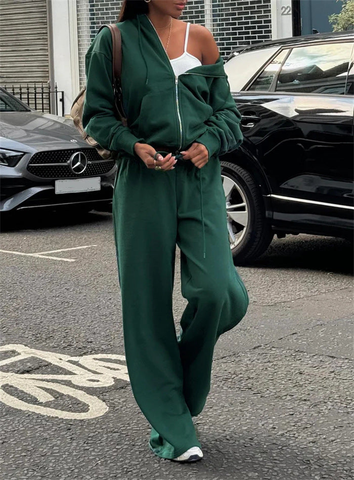 Damen gekürztes Kapuzen-Sweatshirt mit Oversize-Ärmeln und high-waist Wide-Leg Freizeithose – Auréline