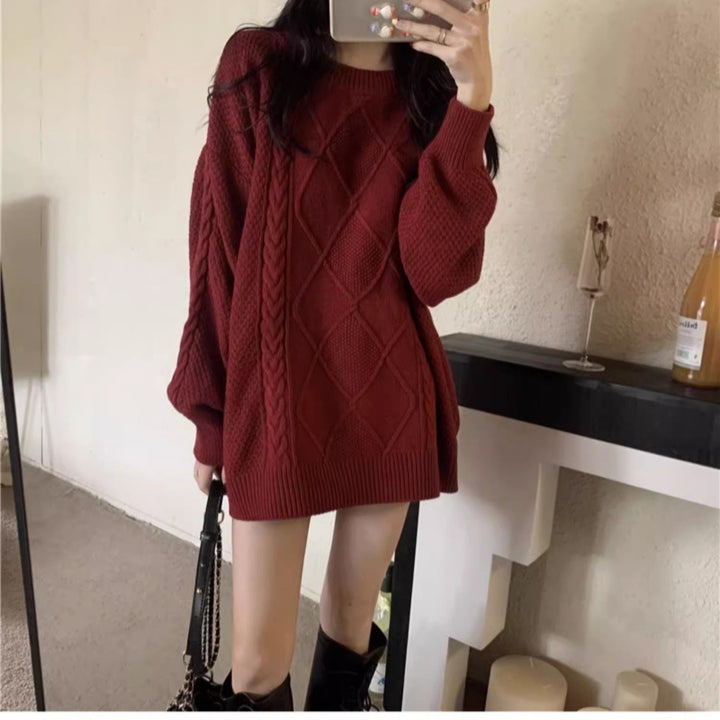Damen Oversize Zopfmuster-Longpullover mit Rundhals und Ballonärmeln Echoarchiv