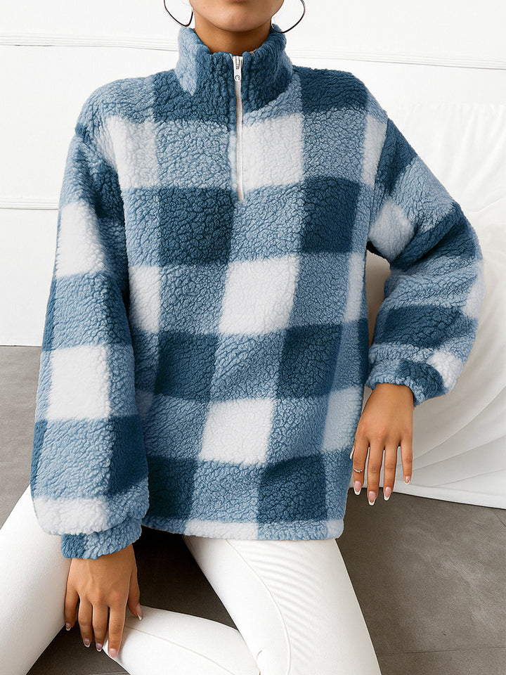 Damen nan kariertes Teddy-Fleece Pullover mit Stehkragen und halbhohem Reißverschluss Echo Archiv