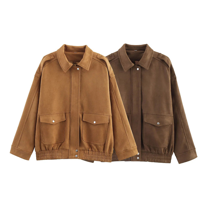 Damen nan kastige Veloursjacke mit Druckknopfleiste, aufgesetzten Klappentaschen und elastischem Saum Echo Archiv