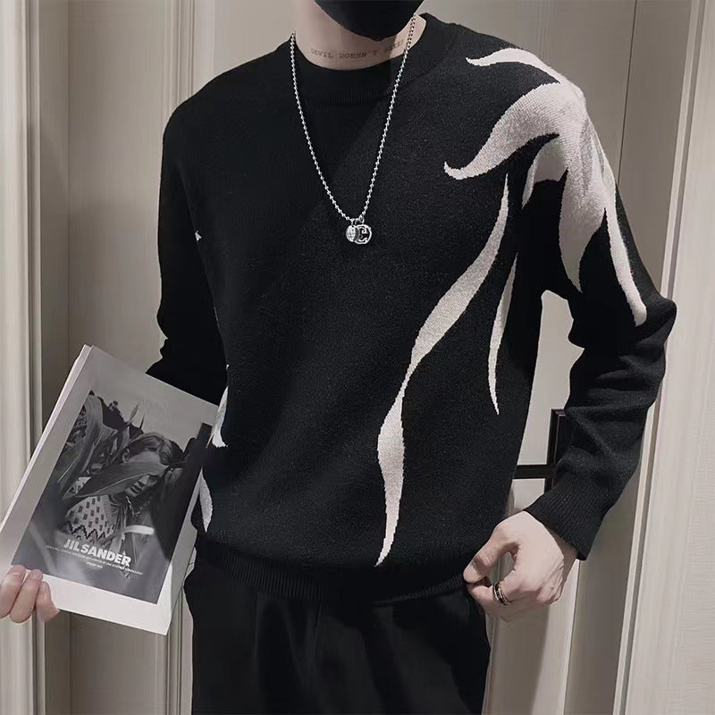 Herren Strickpullover mit abstraktem Flammen‑Jacquard und Rundhalsausschnitt Echoarchiv