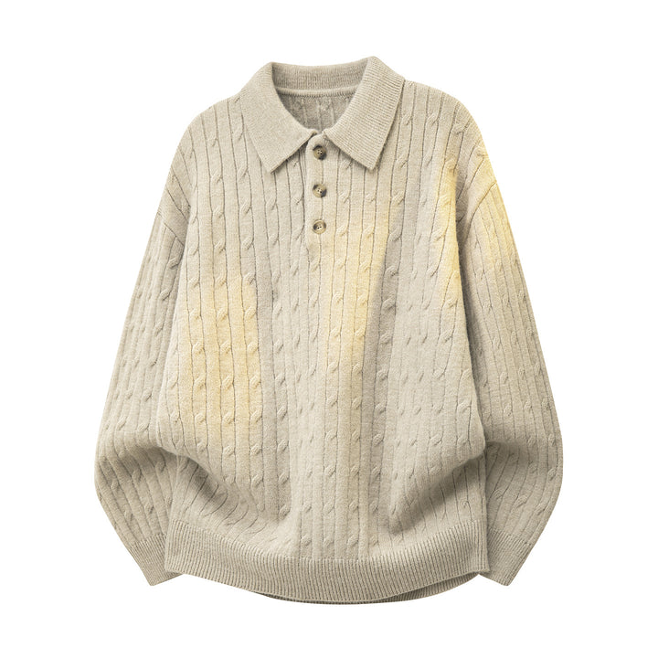 Herren Grobgestrickter Oversize-Polo-Pullover mit Knopfleiste & Zopfmuster Echoarchiv