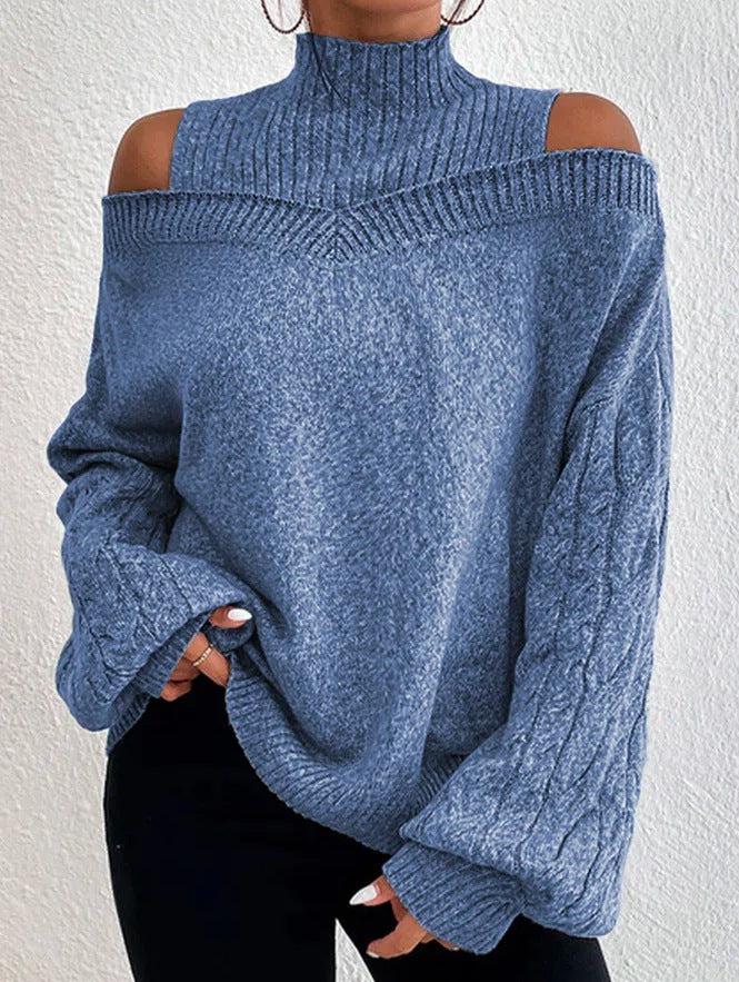 Damen nan schulterfreier Strickpullover mit Stehkragen und Zopfmusterärmeln Echo Archiv