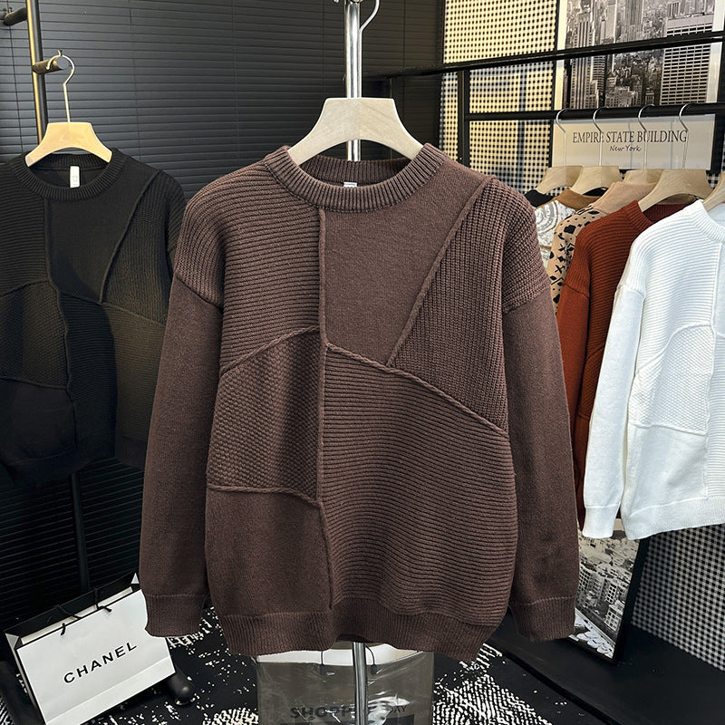 Herren Strukturierter Patchwork-Strickpullover mit Rundhals und gerippten Einsätzen Echoarchiv