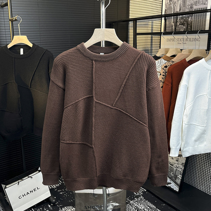 Herren Strukturierter Patchwork-Strickpullover mit Rundhals und gerippten Einsätzen Echoarchiv