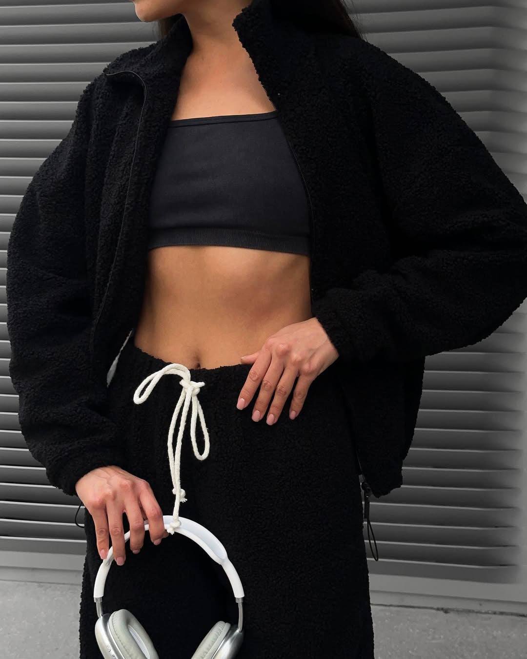 Damen Teddy-Fleece-Loungewear Set mit halbem Reißverschluss elastischem Tunnelzugbund und weitem Bein – Auréline