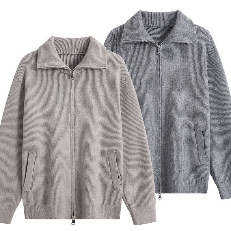 Herren Strick-Zipjacke mit Stehkragen, gerippter Struktur und Oversized-Schnitt Echoarchiv