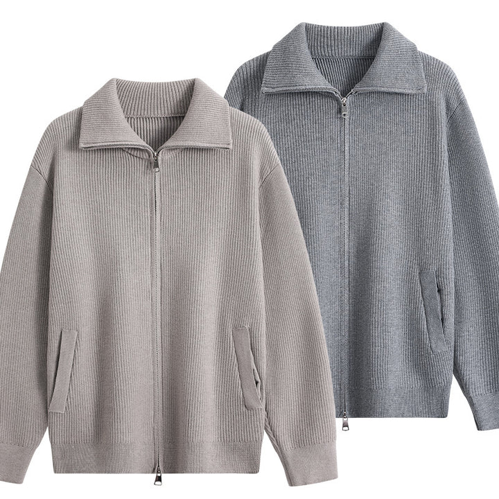 Herren Strick-Zipjacke mit Stehkragen, gerippter Struktur und Oversized-Schnitt Echoarchiv