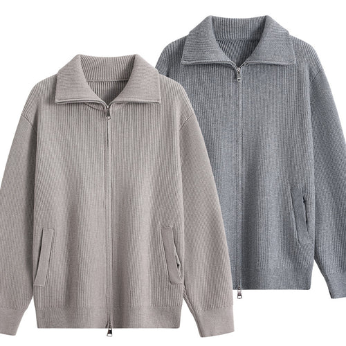 Herren Strick-Zipjacke mit Stehkragen, gerippter Struktur und Oversized-Schnitt Echoarchiv