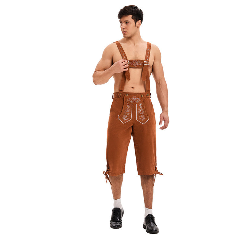 Herren nan knielange traditionelle Lederhose mit besticktem Brustlatz und verstellbaren Trägern Echo Archiv