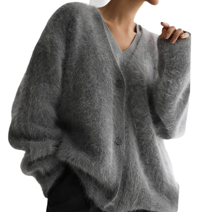 Damen Flauschiger Oversize-Knopfcardigan mit tiefem V-Ausschnitt und Eingrifftaschen – Veloura