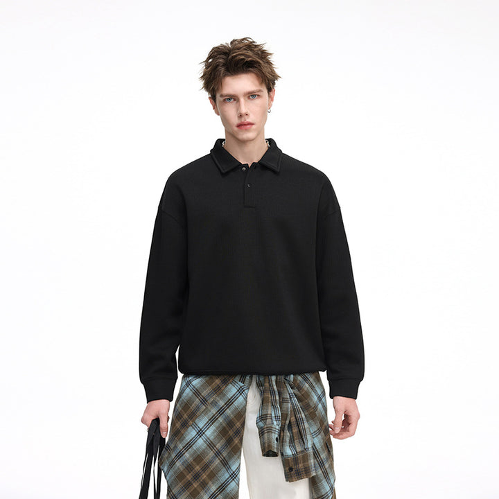 Herren Oversize Waffelstruktur-Polopullover mit halber Knopfleiste und gerippten Bündchen Echo Archiv