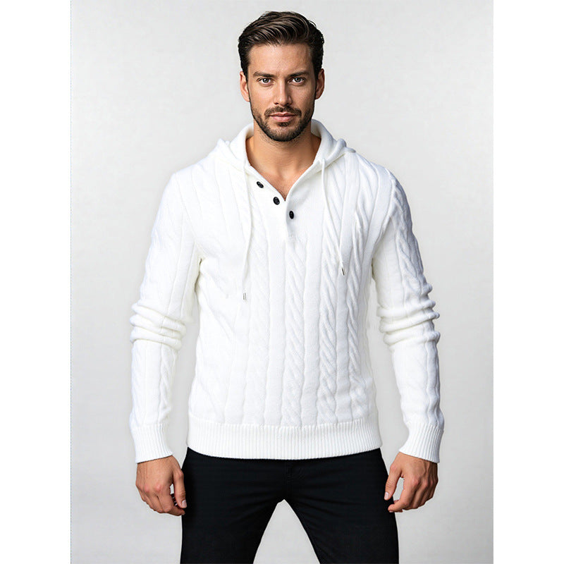 Herren Strukturiertes Zopfmuster-Kapuzenpullover mit Knopfleiste Echo Archiv