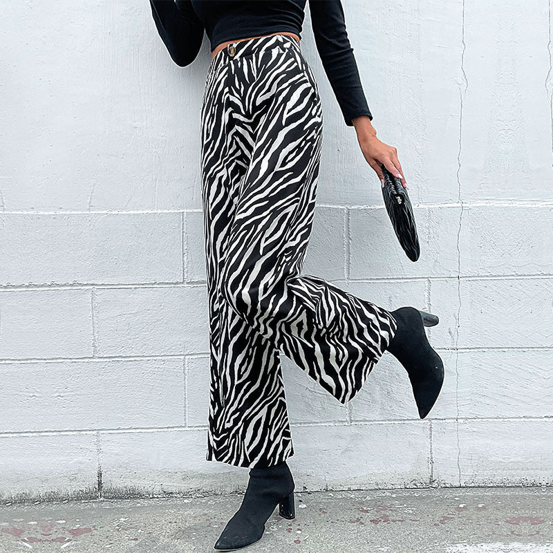 Damen Weite Palazzo-Hose mit Animal-Zebra-Muster, hohem Bund und Gürtelschlaufen Echoarchiv