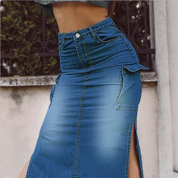 Damen Hochtaillierter Denim-Midirock mit Cargo‑Taschen, seitlichen Beinschlitzen und taillenbetonendem Schnitt Echo Archiv